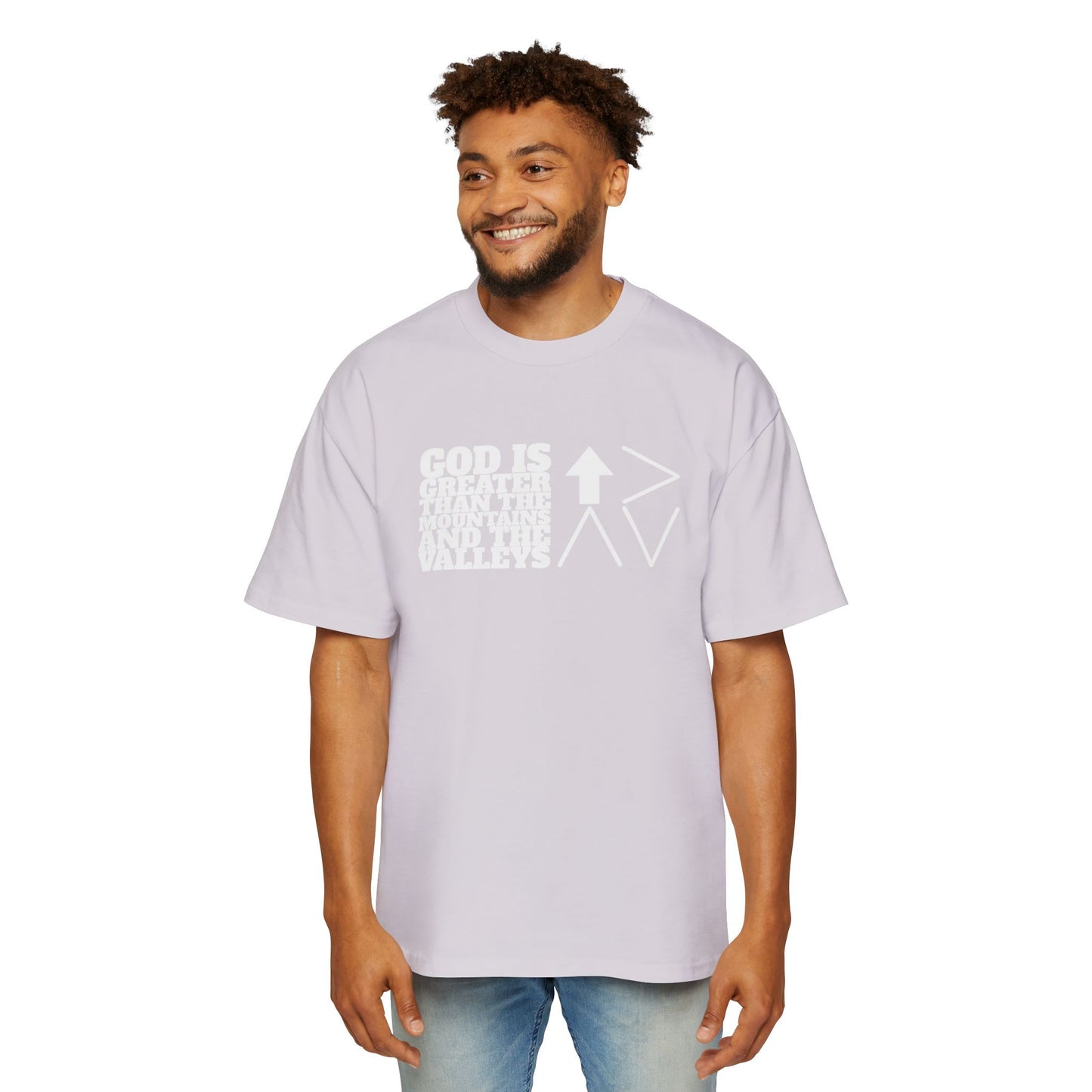 God is Greater Men's Heavy Oversized Tee - "God is greater than the mountains and the valleys"