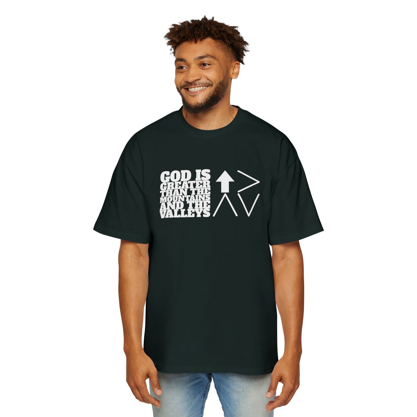 God is Greater Men's Heavy Oversized Tee - "God is greater than the mountains and the valleys"