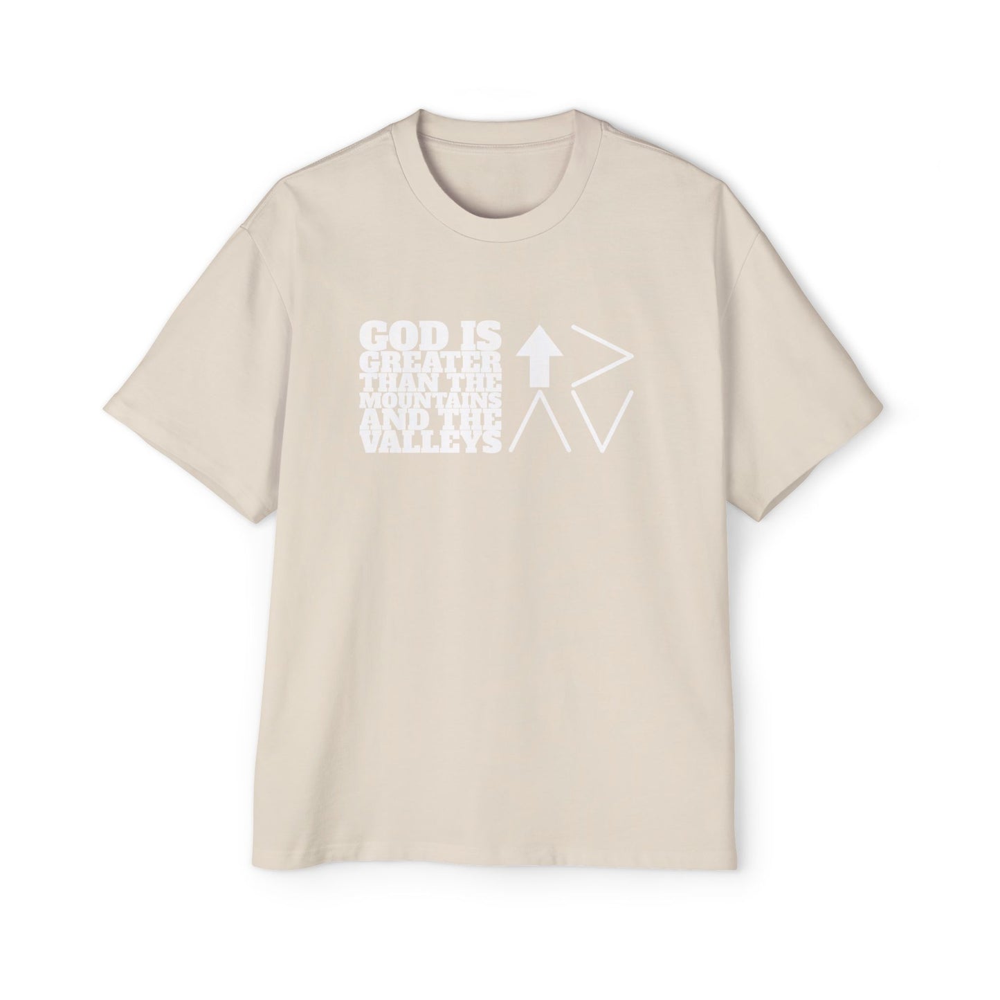 God is Greater Men's Heavy Oversized Tee - "God is greater than the mountains and the valleys"