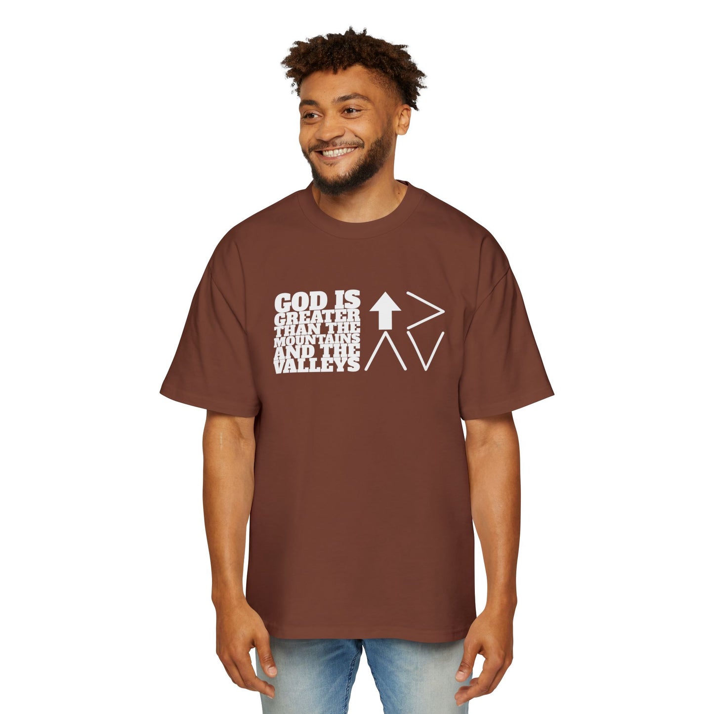 God is Greater Men's Heavy Oversized Tee - "God is greater than the mountains and the valleys"