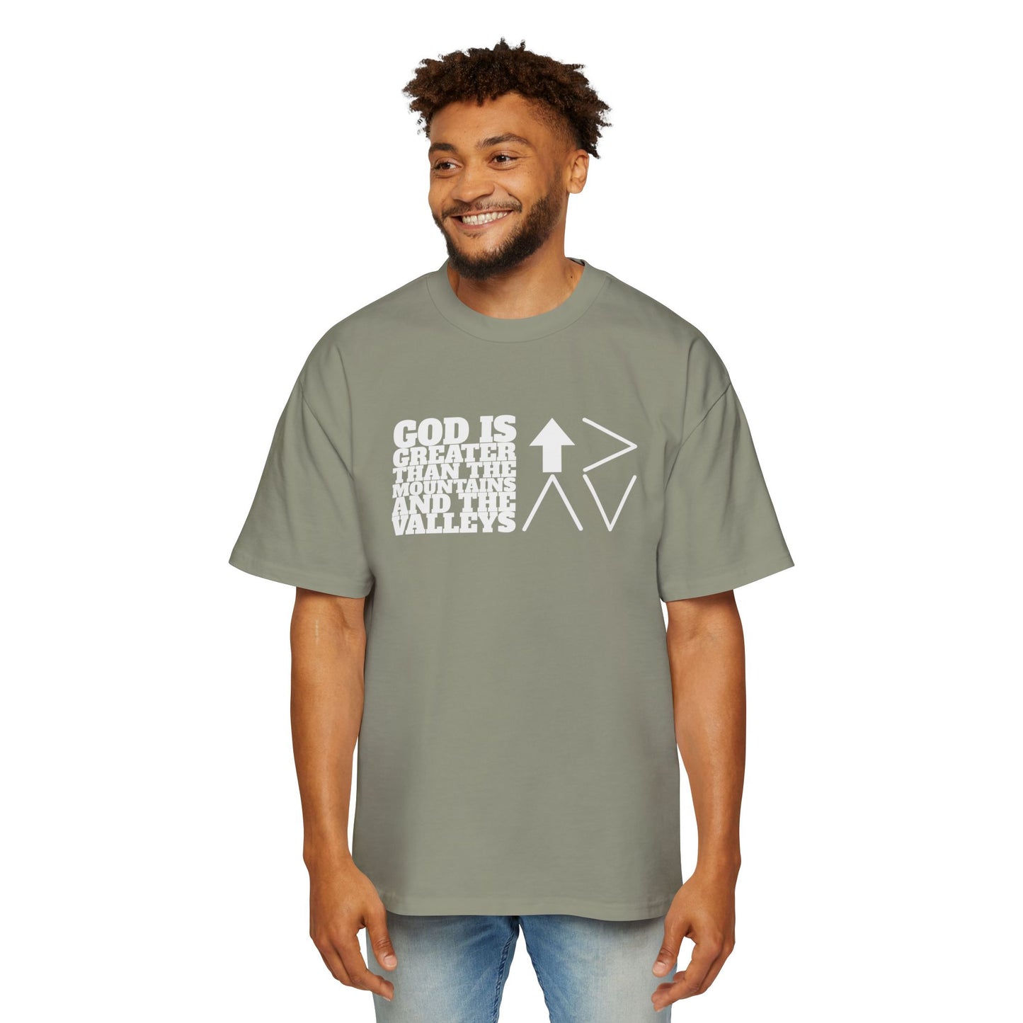 God is Greater Men's Heavy Oversized Tee - "God is greater than the mountains and the valleys"